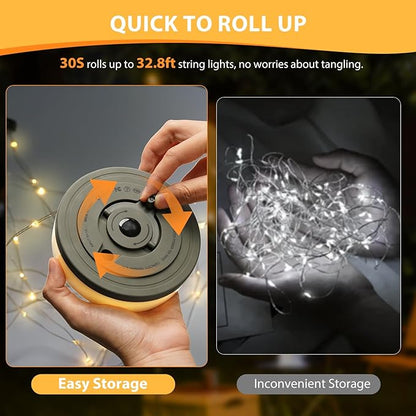 Camping String Lights, 4 in 1 Quick Storage Camping Essentials Gear 32.8FT Rechargeable Tent Lights with 6 Modes Hanging Waterproof LED Camp Lamp for Camping Hiking Patio Garden Festival-Warm White