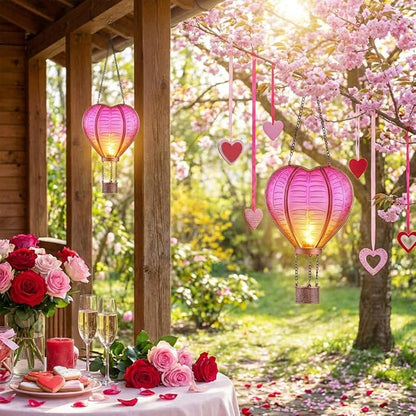 TERESA'S COLLECTIONS Valentine's Day Hot Air Balloon Solar Lantern Party Decorations, Outdoor Decor for Garden Flickering Flame Hanging Solar Lights Heart-Shaped Lantern for Anniversary Wedding Decor