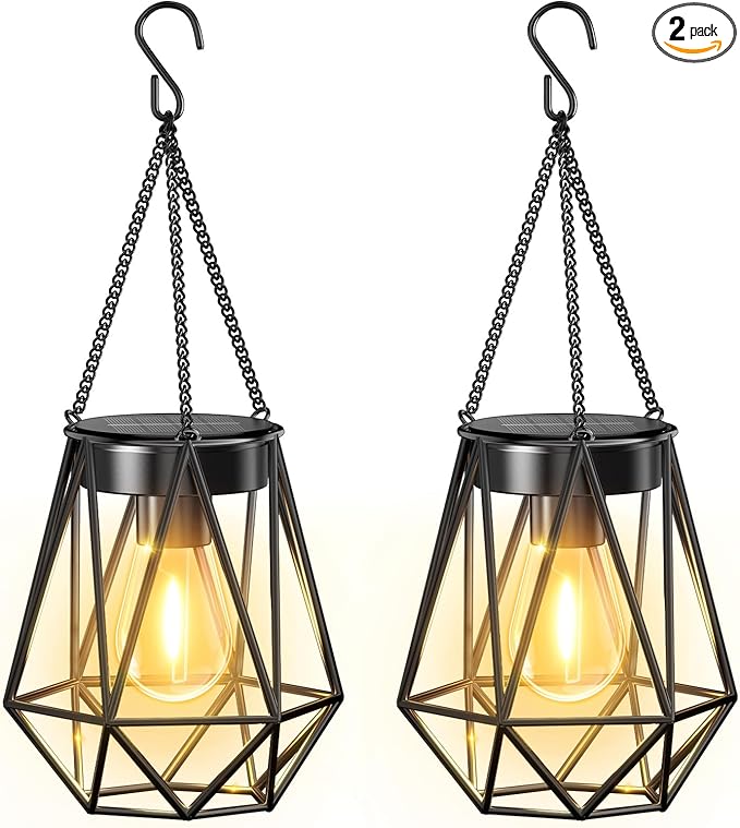 KOOPER 2 Pack Hanging Solar Lanterns Outdoor Waterproof, Metal Hanging Solar Lights for Outside, Upgraded Brighter Outdoor Lanterns Decorative for Garden Patio Yard Porch Gifts for Women Mom Grandma