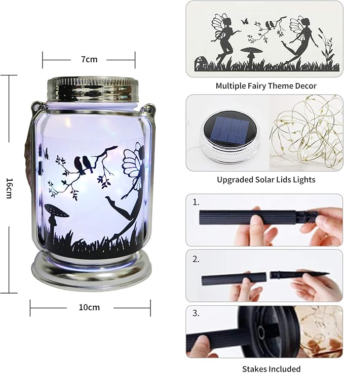 4 Pack Solar Fairy Lantern for Garden Decorations -Mothers Day Gifts for Mom Women Grandma Birthday Outdoor Ornaments Decorations Hanging Lamp Frosted Glass Jar with Stake for Yard Patio Lawn