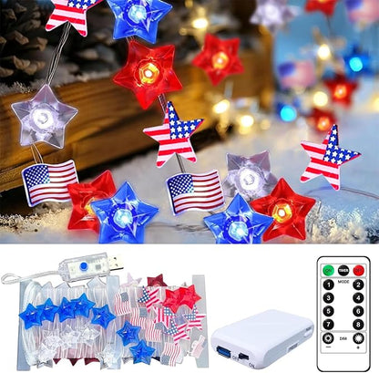 4th of July Independence Day Decorative Lights, Red White Blue 50 LED 16 FT Star-Shaped Patriotic Lights, USB Plug and Battery Powered Indoor-Outdoor Party Party (1 Pac)