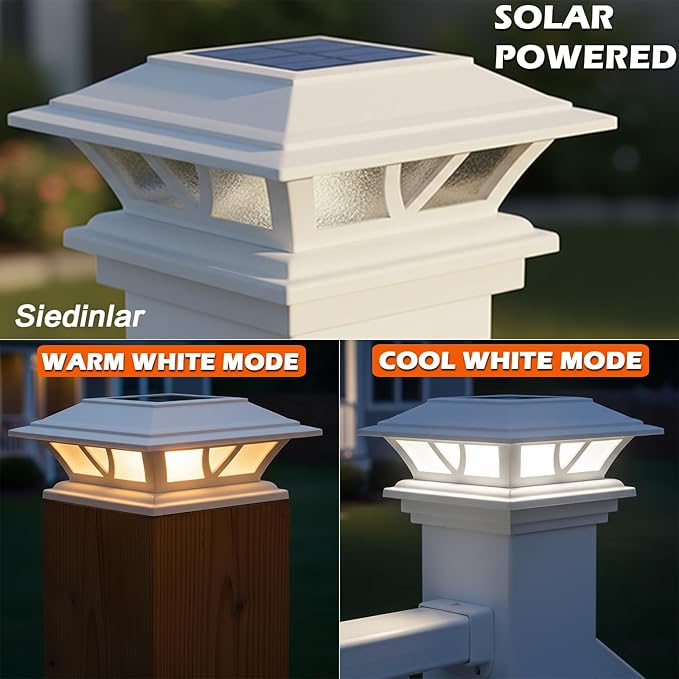 SIEDiNLAR Solar Post Lights Outdoor 2 Modes LED Fence Deck Cap Light for 4x4 5x5 6x6 Posts Garden Patio Decoration Warm White/Cool White Lighting White (4 Pack)