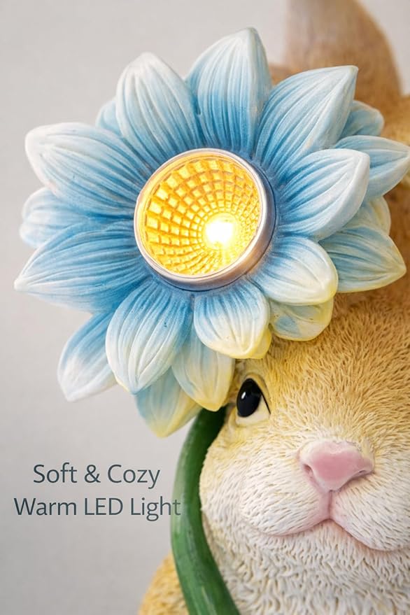 Solar Bunny Garden Statue with LED Flower – Hand-Painted Resin Rabbit Figurine, Outdoor Solar Light Decor for Yard, Patio, Porch, Lawn (Rabbit)