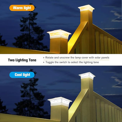 Solar Fence Post Lights, Cap Lights for 4x4/5x5 Vinyl Fence and 4x4/6x6 Wooden Post, Warm White/Cool White Lighting, White Solar Cap Outdoor Waterproof Decorate Garden Pathway Dcek Patio