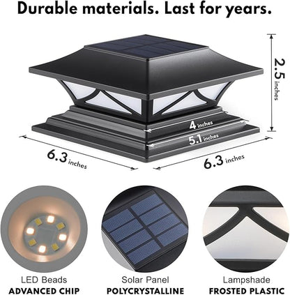 PASAMIC 6 Pack Solar Post Cap Lights, Waterproof Outdoor Lights for 4x4 5x5 6x6 Wood Posts, Fence Post Solar Lights with 2 Color Modes for Garden, Deck, Patio, Porch, Fence