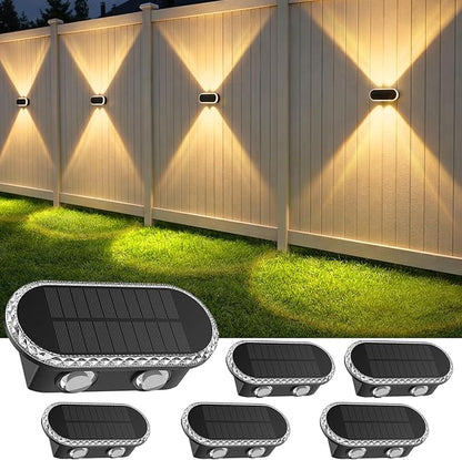 Fence Lights Solar Powered: Outdoor Wall Lighting IP65 Waterproof - Dual Focused LED Up Down - 3000K–6000K 3 Modes for Porch Backyard Patio - Diamond Crystal Cut Design 6 Pack