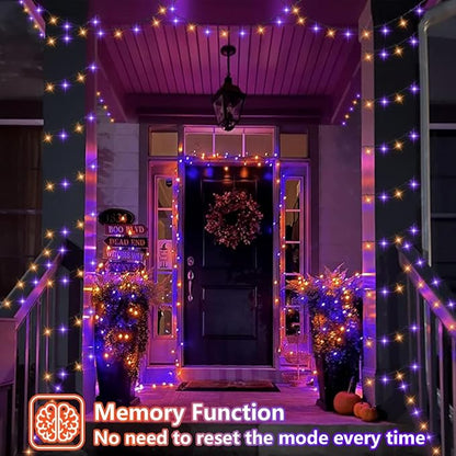 YEGUO Halloween Lights Battery Operated, 2 Pack Each 33ft 100 LED Orange and Purple String Lights Outdoor Waterproof, Green Wire Fairy Christmas Light Indoor with Remote