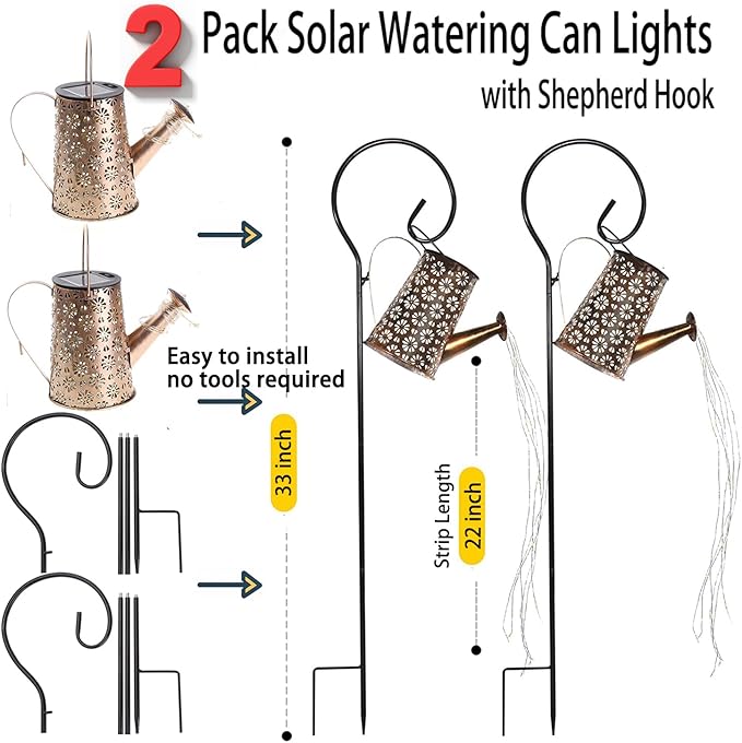 2 Pcs Solar Watering Can Lights, Hanging Solar Waterfall Lights Waterproof Outdoor Garden Decor Yard Art for Porch Landscape Patio, Gardening Gifts for Mom Grandma Women ( 2 Pack with Shepherd Hooks)