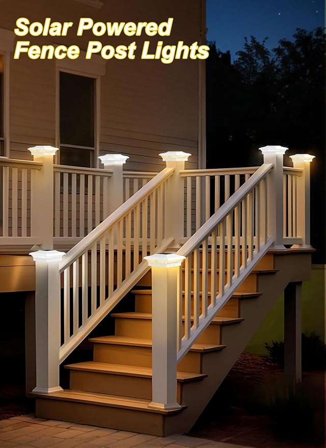 T-SUN 4x4 Post Cap Lights 6 Pack for Vinyl/Wooden Fence,Outdoor Waterproof Warm & Cool White, Deck Solar Post Lights for Patio Garden Yard Lighting