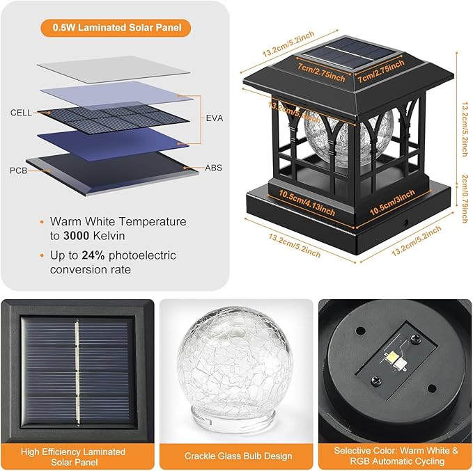 Fence Post Solar Lights, Crackle Glass Solar Post Cap Lights, 20 Lumens, Warm White & RGB Automatic Cycling 2 Modes for 3.6x3.6 4x4 4.5x4.5 5x5 Vinyl Wooden Posts Decoration, Black (6 Pack)