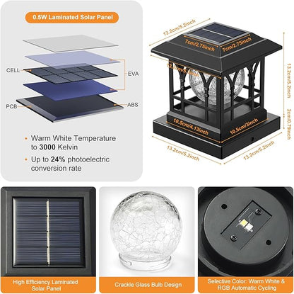 Fence Post Solar Lights, Crackle Glass Solar Post Cap Lights, 20 Lumens, Warm White & RGB Automatic Cycling 2 Modes for 3.6x3.6 4x4 4.5x4.5 5x5 Vinyl Wooden Posts Decoration, Black (6 Pack)