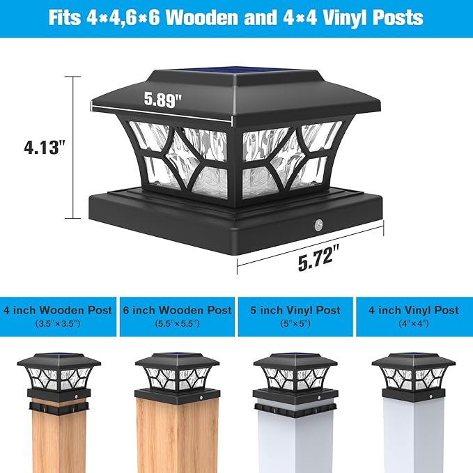 VOLISUN Solar Post Cap Lights Outdoor, Solar Powered Fence Cap Lights for 4x4 Vinyl/Wood, Black Waterproof Solar Deck Post Light 8Pack Cool/Warm for Garden Patio Porch