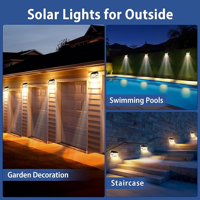 Solar Outdoor Lights 8 Pack, Solar Fence Deck Lights, Waterproof Powered Outside Lighting for Step Railing Wall Pool Stair Yard Garden Patio Decorations