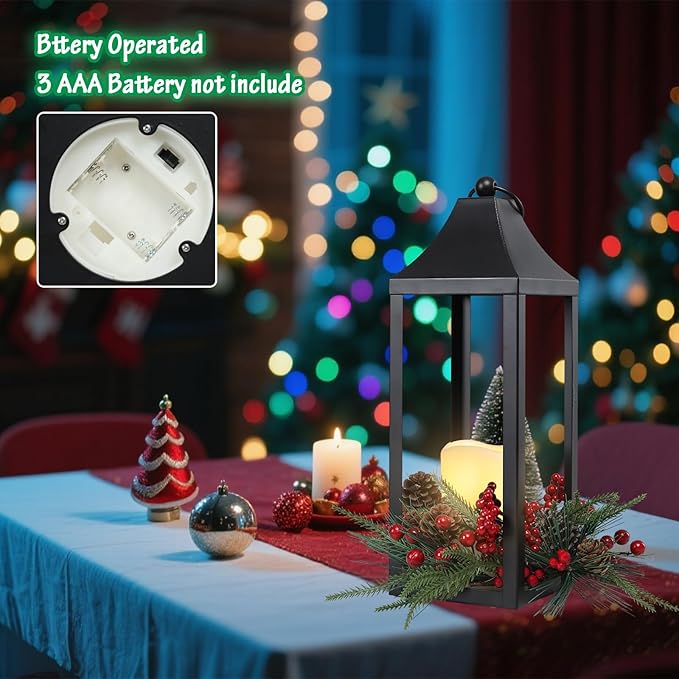 Christmas Lantern 16.2" Metal Outdoor Large Christmas Lanterns with LED Flameless Candle Hanging Lantern, Decorative Hanging Lanterns for Xmas Table Centerpieces, Front Porch, Indoor, Black