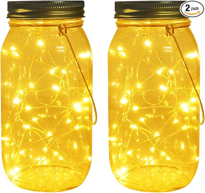 Solar Mason Jar Lights, Large Size Bigger Glass Mason Jar with 30 LEDs Fairy Firefly String Lights, Best Patio Yard Desktop Party Decor Outdoor Solar Hanging Lanterns (2-Pack)
