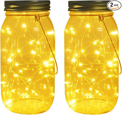 Solar Mason Jar Lights, Large Size Bigger Glass Mason Jar with 30 LEDs Fairy Firefly String Lights, Best Patio Yard Desktop Party Decor Outdoor Solar Hanging Lanterns (2-Pack)