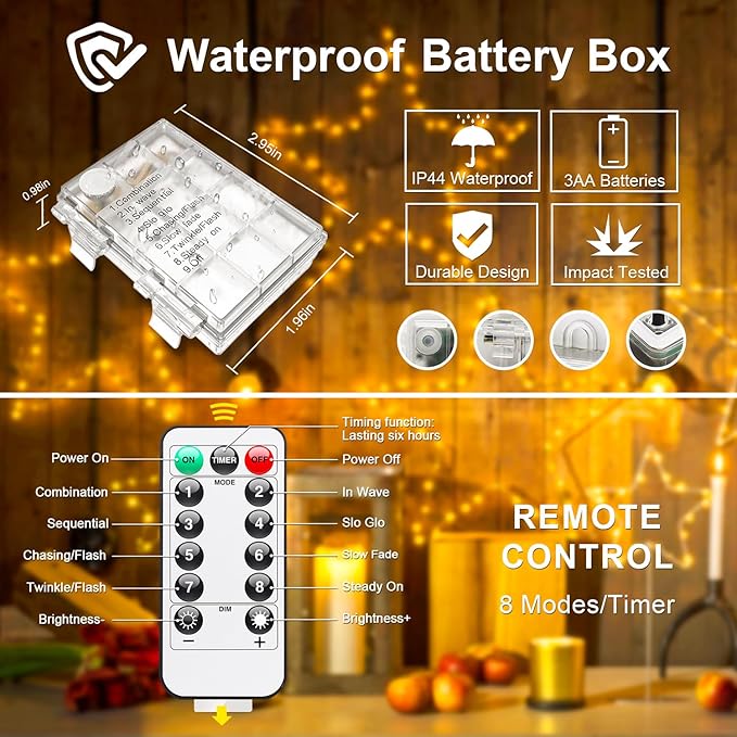 2-Pack 66ft Christmas LED String Lights, Waterproof Timer Lights