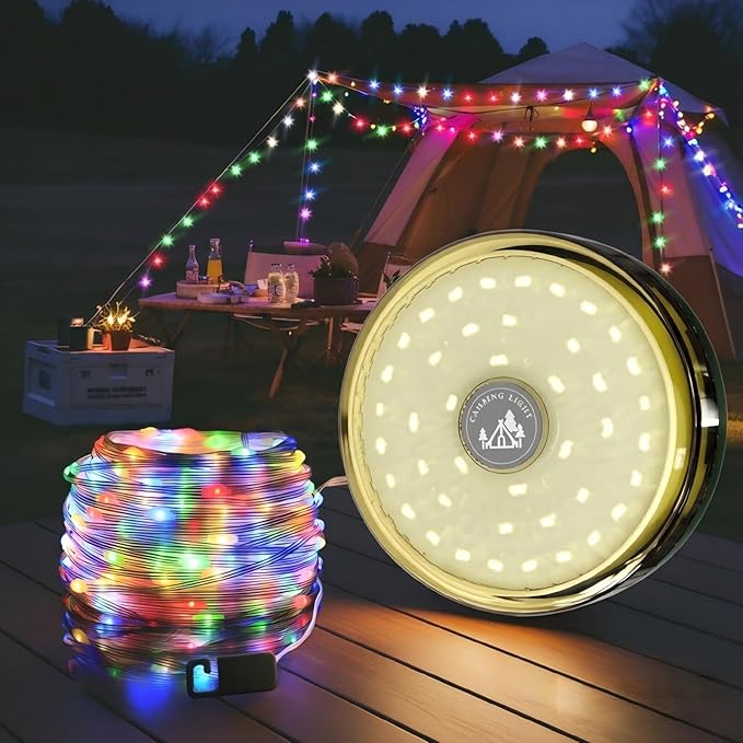 Camping String Lights, 4000mAh Rechargeable Tent Lights with 13 Lighting Modes, 32.8ft Retractable Waterproof Camp Light, Outdoor Portable Lights for Tent, Travel, Garden Decoration