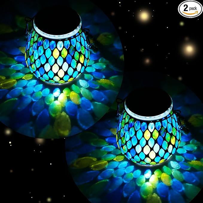 Mosaic Solar Hanging Lanterns 2-Pack, Rustic Backyard Decor