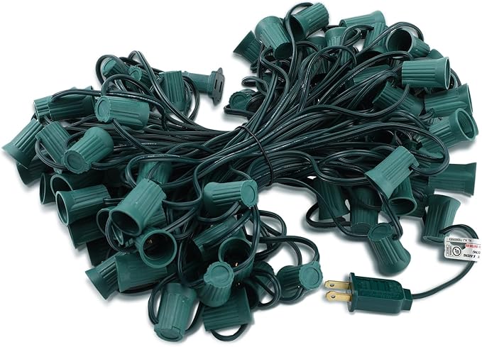100 ft C9/e17 Ul Listed String Light Cord Wire Spool, Christmas C9 Light Wire Stringer Strand Set for Outdoor Patio Xmas Tree Roofline, 12 Spacing, Green