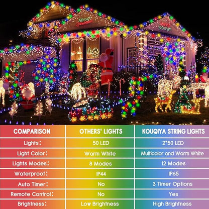 Battery Christmas Lights 2 Pack, 17ft 50 LED Dual Color Changing Mini String Light with 3 Auto-Timer Options and 12 Lighting Modes Waterproof Tree Lights (Warm White & Multicolor, 50 LEDs x 2 Pack)