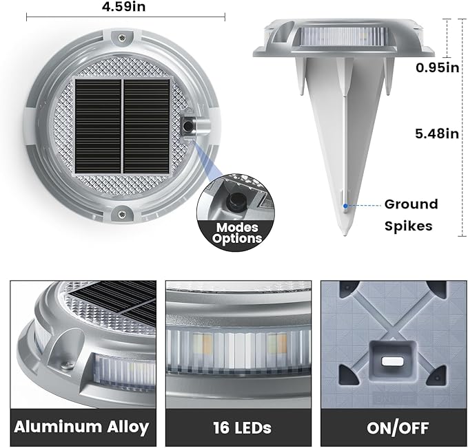 SIEDiNLAR Solar Driveway Lights Outdoor 16 LEDs 9 Modes, Dock Markers Deck Lights Waterproof Warning for Driveway Walkway Step Pathway Ground Yard Garden, RGB (8 Pack)