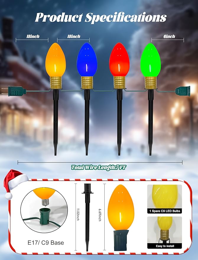 C9 Christmas Pathway Stake Lights, 7Ft String Lights with 4 Jumbo C9 Multicolor LED Bulbs, Stake, Christmas Decorations for Outdoor Garden Walkway