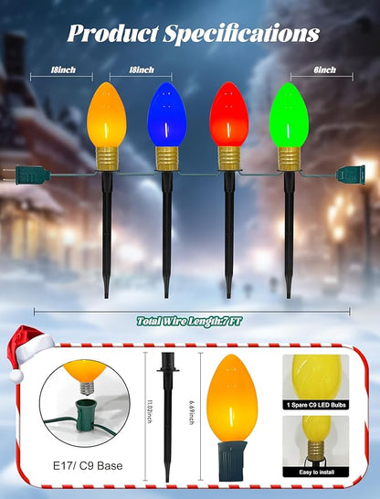 C9 Christmas Pathway Stake Lights, 7Ft String Lights with 4 Jumbo C9 Multicolor LED Bulbs, Stake, Christmas Decorations for Outdoor Garden Walkway