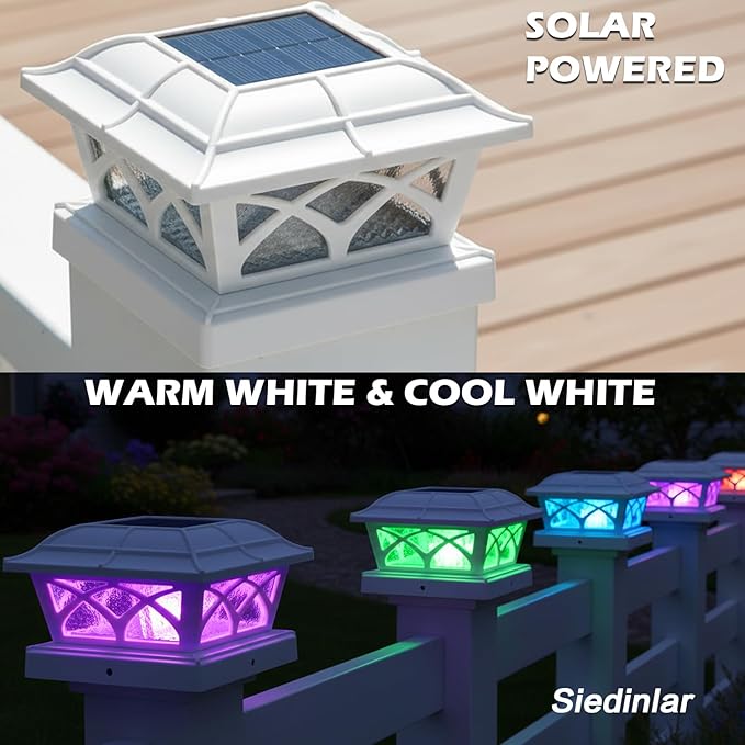 SIEDiNLAR Solar Post Cap Lights Outdoor Glass 2 Color Modes LED for 4x4 5x5 6x6 Wooden Vinyl Posts Fence Deck Patio Decoration RGB Color Changing & Warm White Lighting White (4 Pack)