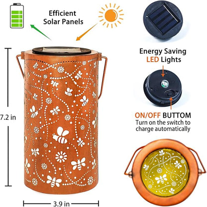2 Pack Bee Solar Lanterns Outdoor Waterproof Hanging Solar Lights Bee Gifts for Women Men Metal Decorative LED Bee Lanterns for Garden Decor,Yard,Patio,Lawn,Tabletop,Pathway,Landscape
