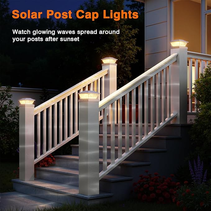 4 Pack Solar Post Cap Lights, 2 Mode Bright Solar Post Lights Outdoor Waterproof, Outdoor Post Lights Solar Powered Deck Lights for 4x4 4.5x4.5 5x5 Posts in Garden Decor