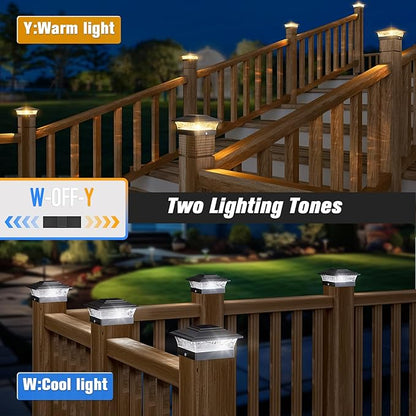 Solar Post Cap Lights Outdoor 6pack, Waterproof Solar Powered Deck Fence Post Lights Fit 4x4 Wood/Vinyl Posts, Black Deck Post Lights with Warm/Cool White for Garden, Patio, Porch, Fence