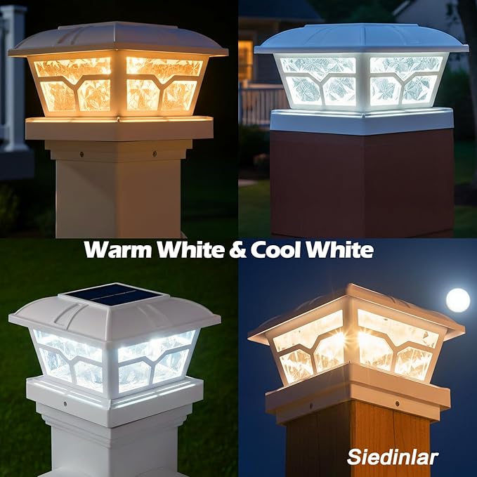 SIEDiNLAR Solar Post Cap Lights Outdoor 2 Color Modes 8 LEDs for 4x4 5x5 6x6 Posts Fence Deck Patio Decoration Warm White & Cool White Lighting White (1 Pack)