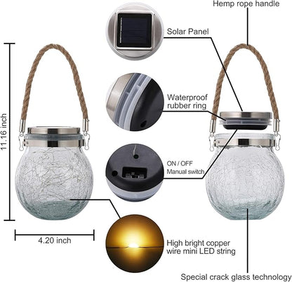 Solar Hanging Lanterns Outdoor Waterproof, Table Lamps Decorative Cracked Glass Jar 30 LED Lights for Garden Tree Court Yard Patio Pathway Christmas Day Holiday Party Decoration (1, Warm Light)