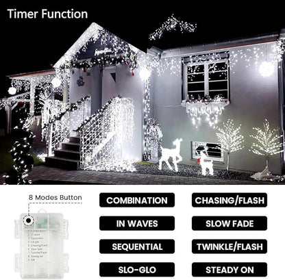 4 Pack Christmas String Lights Battery Operated with Timer, 132FT 400 LED Waterproof Twinkle Lights, 8 Modes Fairy Light for Indoor and Outdoor Bedroom Garland Tree Christmas Decorations (Cool White)