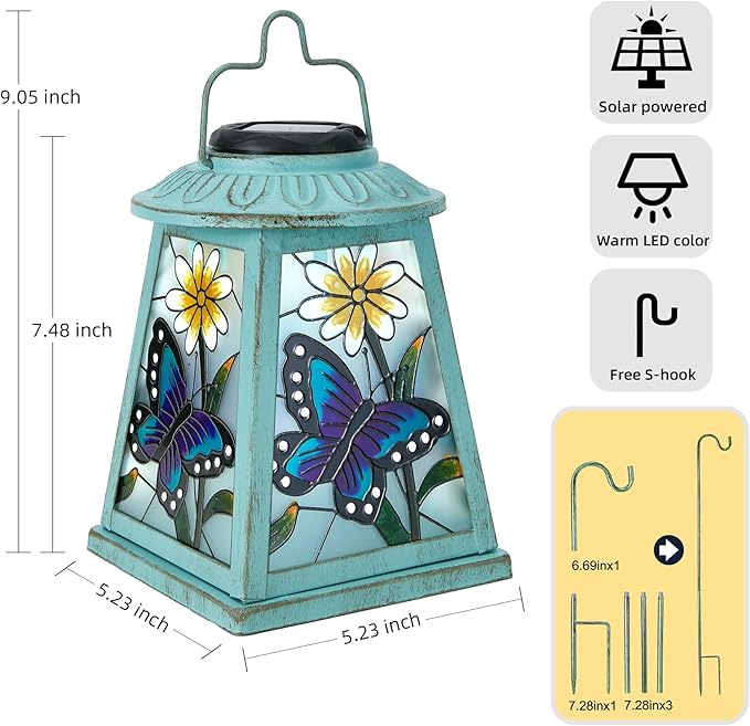 Butterfly Solar Lantern with Shepherd Hook, Outdoor Hanging Metal LED Garden Light Waterproof for Patio Yard Pathway, Butterfly Lantern Decor and Christmas Holiday Gift for Mom Grandma Women