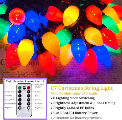 C7 Vintage Christmas String Lights, 27.5FT Outdoor Christmas Tree String Lights with 50 Multicolor LED Bulbs, Christmas Party Decorations with 8 Fairy Lighting Patterns - Green Wire