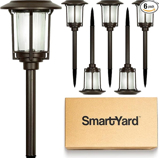 Solar Pathway Lights – Pack of 6, 6 Lumens, Warm White LED, Bronze Finish, Durable Die-Cast Aluminum & Stainless Steel with Glass Lens, Outdoor Garden Lighting, LED Solar Pathway Lights