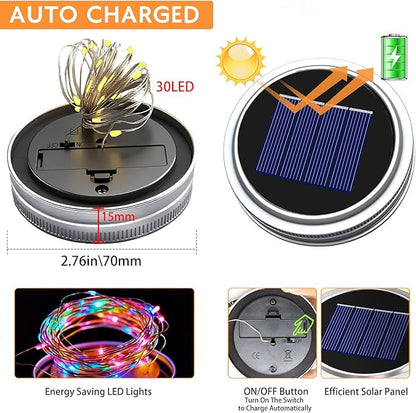 VOOKRY 12 Pack Solar Mason Jar Lights, 30 LED Mason Jar Lids Waterproof Firefly Fairy String Lights with 12 Hangers(No Jars), for Outdoor Patio Garden Yard Lawn Party Wedding Decoration - Multicolor