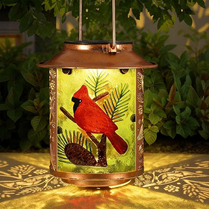 10" H Cardinal Solar Lanterns Outdoor, Metal Glass Hanging Solar Lanterns with Hollow Out Retro Cardinal Lights, Decorative for Garden Yard Patio Pathway Tabletop Gifts