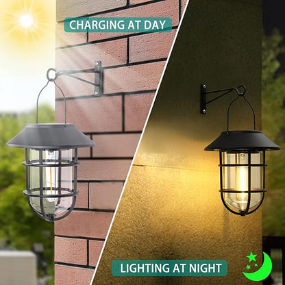 Upgrade Solar Outdoor Lights, Hanging Lantern, Waterproof Solar Lights with Wall Mount Kit for Garden Patio Porch Fence Decor 2 Pack