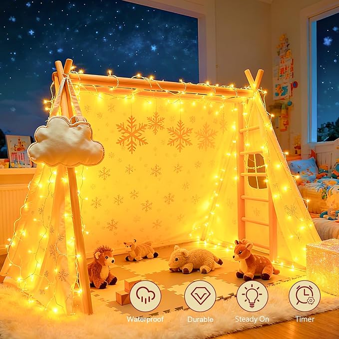 Christmas String Lights Battery Operated, LED Christmas Lights Outdoor with Tiimer White Wire Mini Lights 16.4ft 50LED for Christmas Tree Garland Wedding Party Warm White