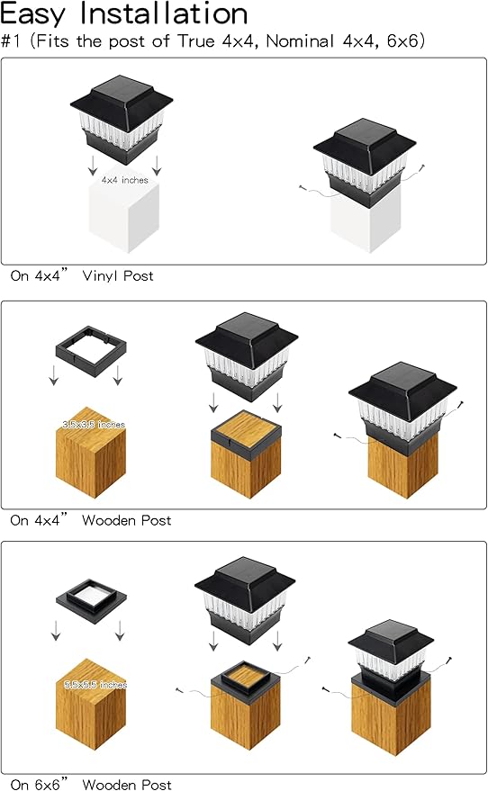 6 Pack Solar Post Cap Lights - Modern #1: Fits True 4x4 Vinyl, 4x4 & 6x6 Wood Posts, Bulk Savings, 3 Color Temp, 50 Lumen Waterproof Outdoor Lights for Deck Fence, Matte Black