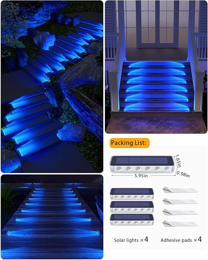 Blue Solar Lights for Outside,4 Pack Solar Deck Lights Outdoor Waterproof LED,Blue Step Light for Outside,Dock Light Solar Powered Waterproof for Deck,Steps,Dock,Driveway,Stair,Path