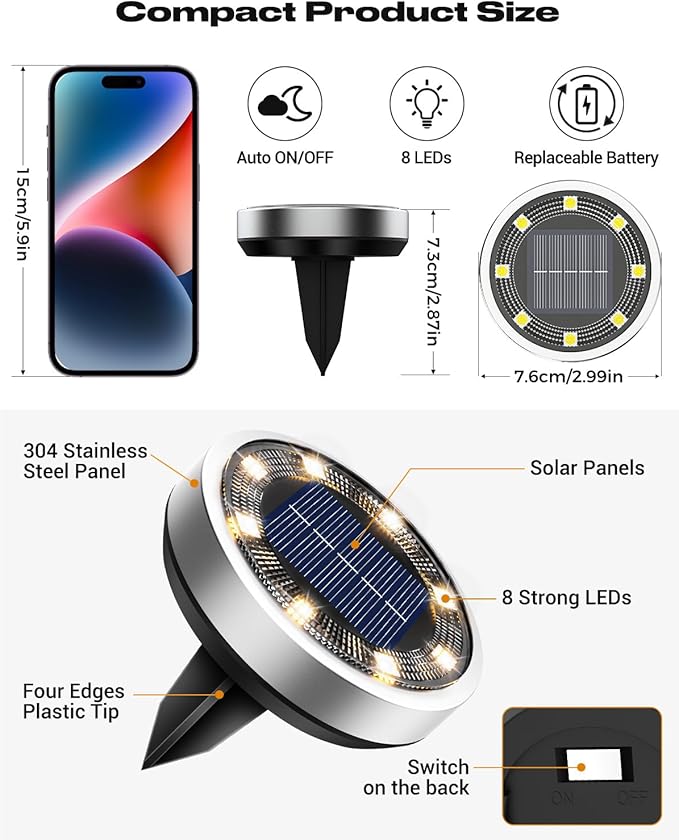 btfarm 12 Pack Solar Lights Outdoor, 8 LED Solar Ground Lights IP65 Waterproof Flat Solar Disc Light, Pathway Lights for Garden Lawn Patio Yard Path Landscape, Warm White