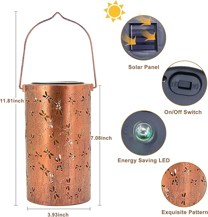 Dragonfly Solar Lanterns Outdoor Waterproof Hanging Lights, Dragonfly Gifts for Women Mom Grandma, Metal Decorative LED Solar Lanterns for Yard Patio Porch Balcony Garden Decor