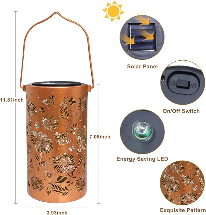 Sunflower Solar Lanterns Outdoor Waterproof Hanging Lights, Sunflower Gifts for Women Mom Grandma, Metal Solar Decorative Lanterns for Yard Patio Porch Balcony Garden Decor