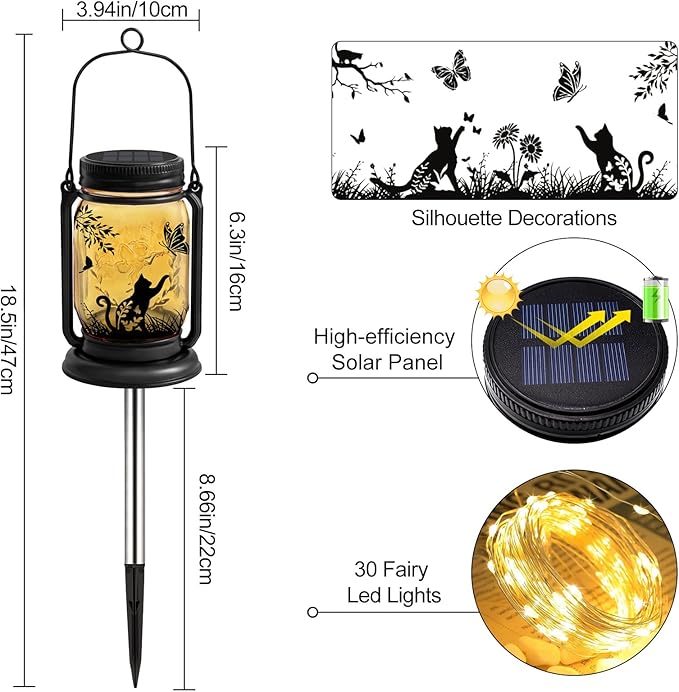 Cat Solar Lanterns 3-in-1 Outdoor Waterproof - Birthday Gifts for Cat Lovers Women Mom Christmas, Mason Jar Hanging Lanterns with Stake, Garden Decor Lights for Patio Yard Balcony Decorations