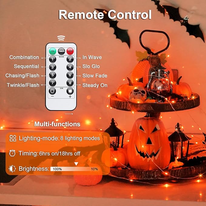 2-Pack 66ft Halloween LED String Lights, Waterproof Timer Lights