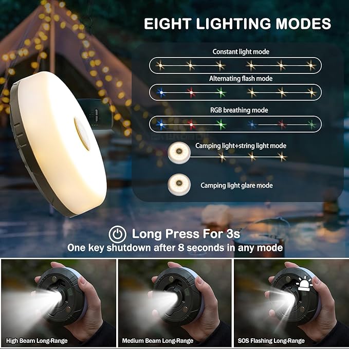 2-Pack Camping String Lights, 4 in 1 Outdoor Camping Lantern with 8 Lighting Modes(32.8Ft), Quick 30s Recovery, Waterproof, Type-C Fast Charging, Portable Lights for Camping/Yard/Hiking